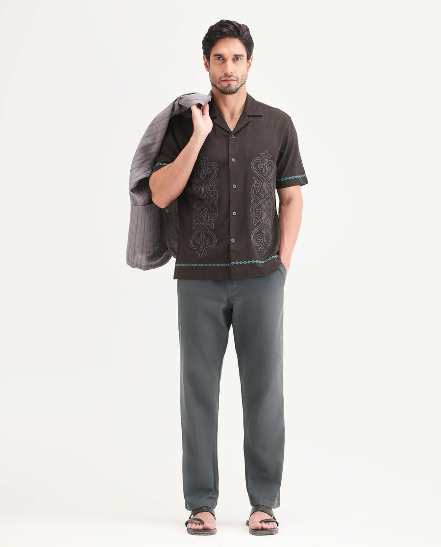 Rare Rabbit Men's Pluk Dark Grey Cotton Blend Fabric Regular Fit Plain Trouser