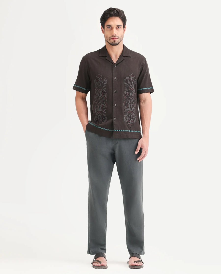 Rare Rabbit Men's Pluk Dark Grey Cotton Blend Fabric Regular Fit Plain Trouser
