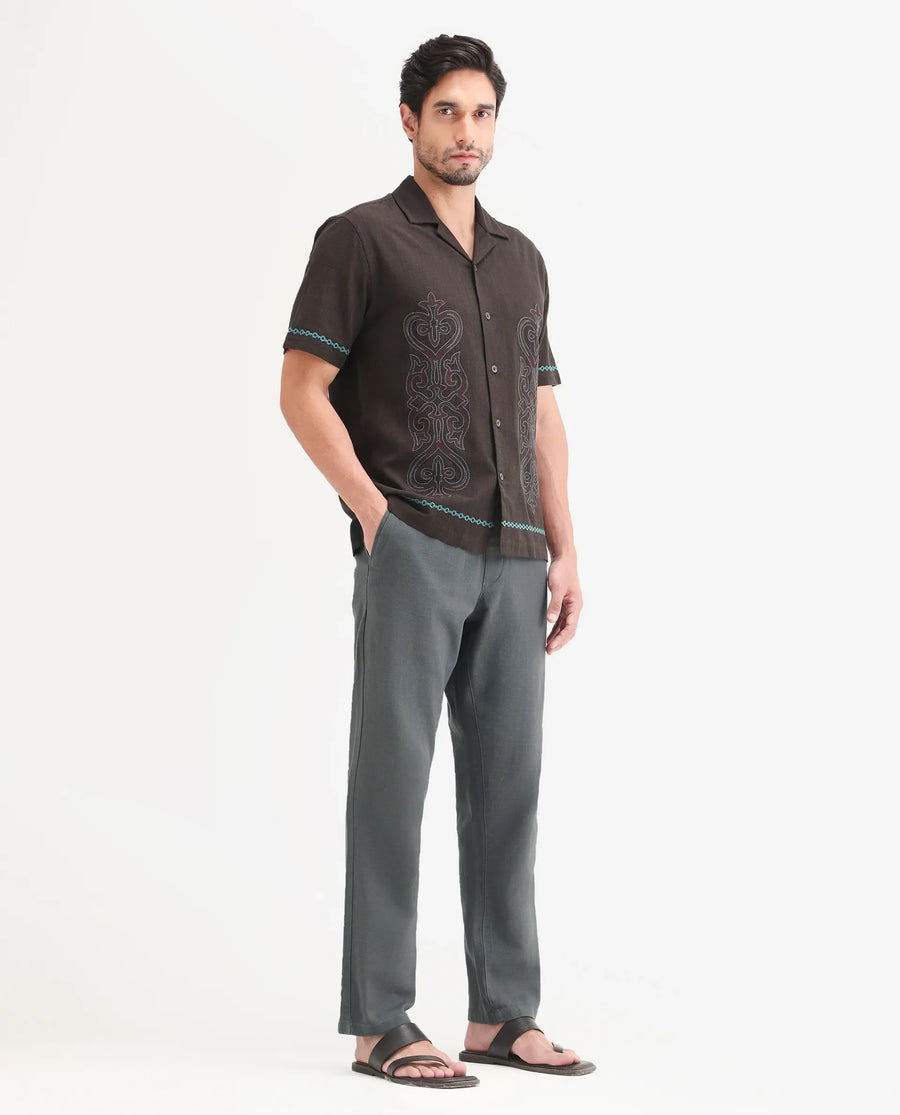 Rare Rabbit Men's Pluk Dark Grey Cotton Blend Fabric Regular Fit Plain Trouser