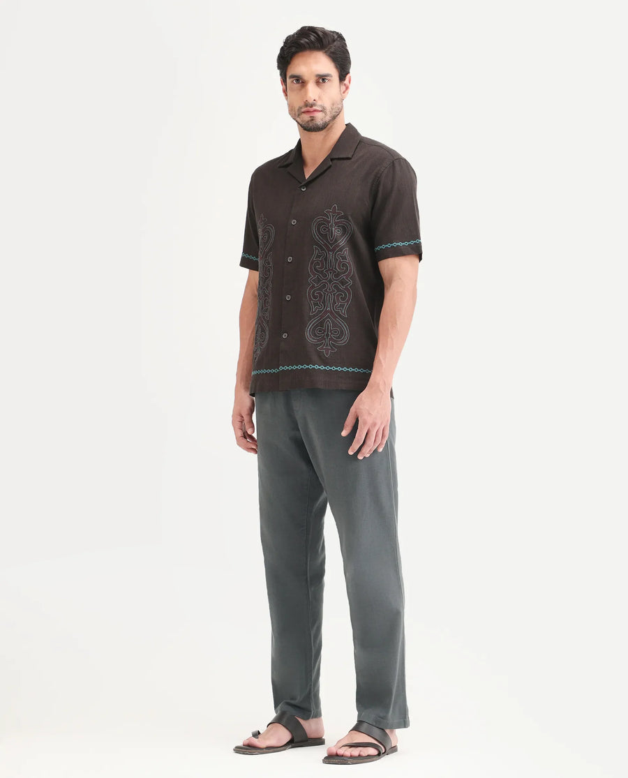 Rare Rabbit Men's Pluk Dark Grey Cotton Blend Fabric Regular Fit Plain Trouser