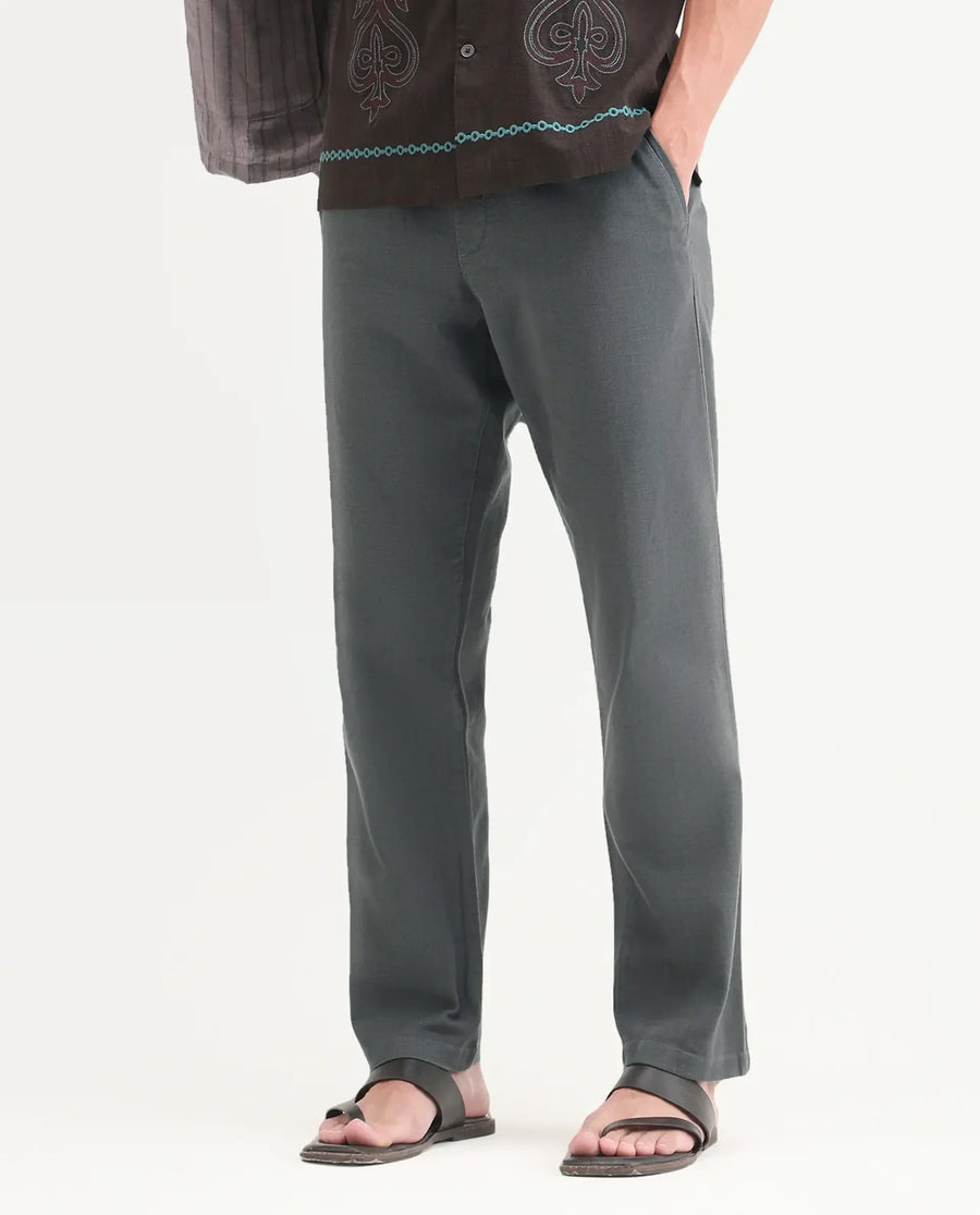 Rare Rabbit Men's Pluk Dark Grey Cotton Blend Fabric Regular Fit Plain Trouser