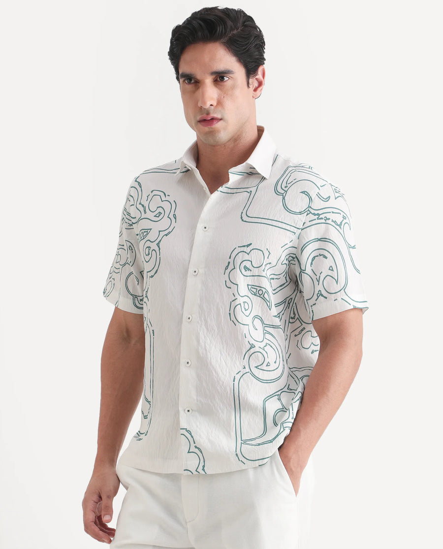 Rare Rabbit Men's Embi White Viscose Fabric Spread Collar Regular Fit Abstract Print Shirt