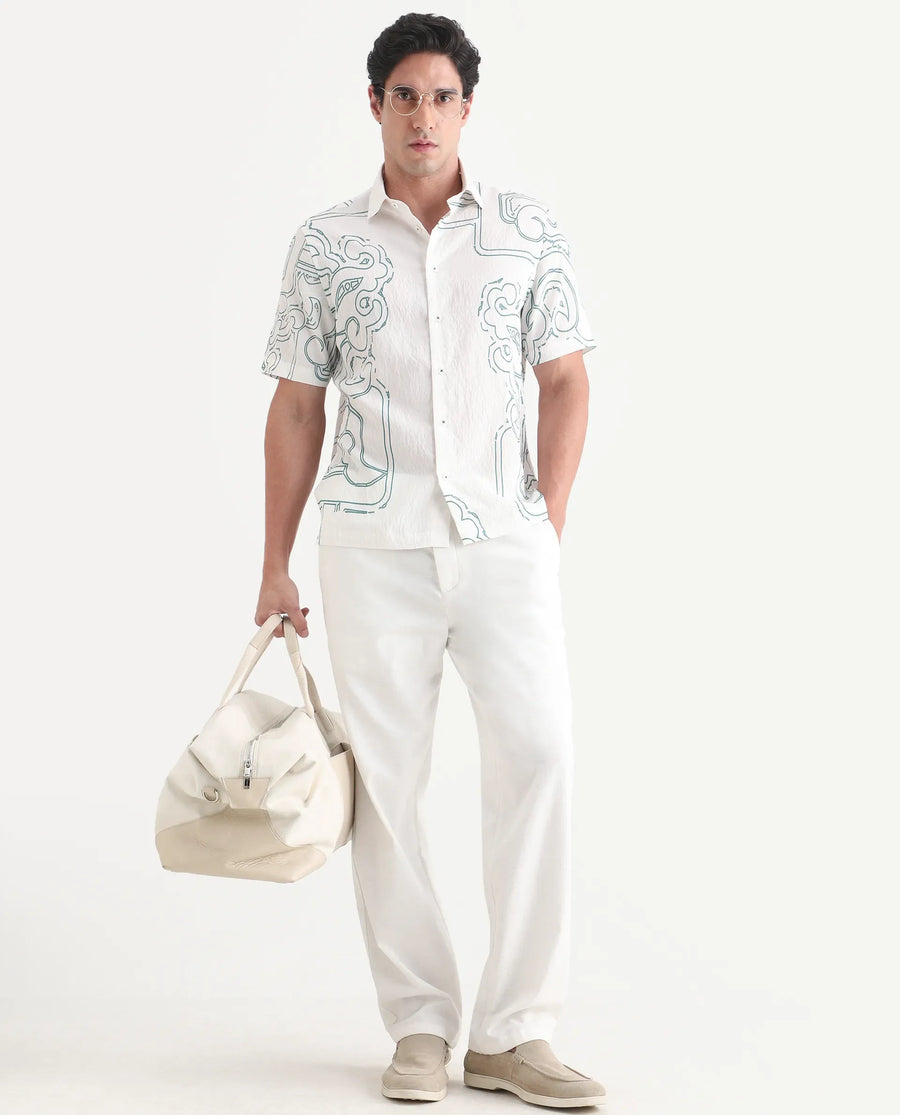 Rare Rabbit Men's Embi White Viscose Fabric Spread Collar Regular Fit Abstract Print Shirt