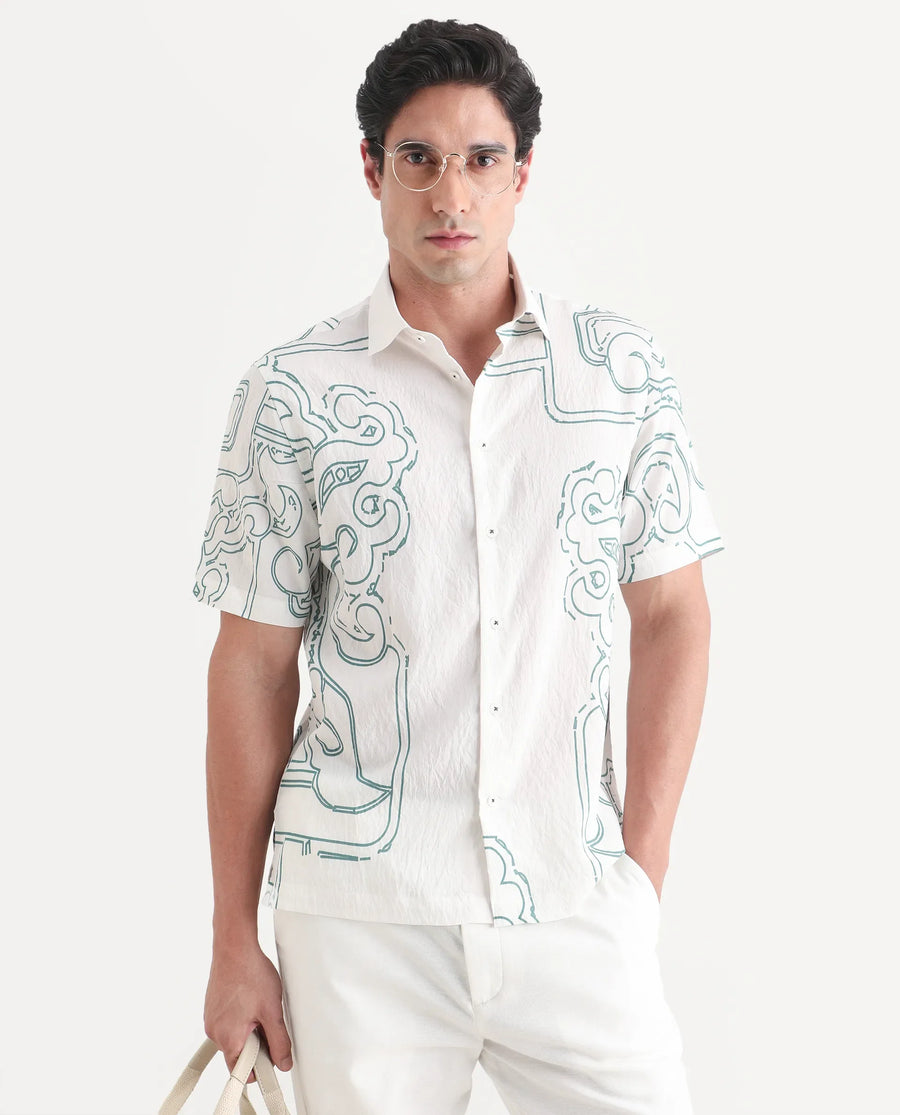 Rare Rabbit Men's Embi White Viscose Fabric Spread Collar Regular Fit Abstract Print Shirt