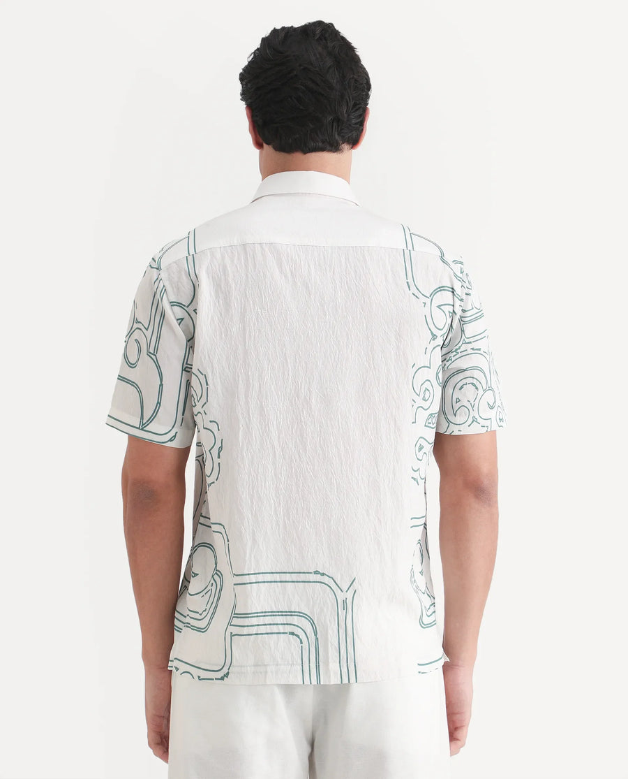 Rare Rabbit Men's Embi White Viscose Fabric Spread Collar Regular Fit Abstract Print Shirt