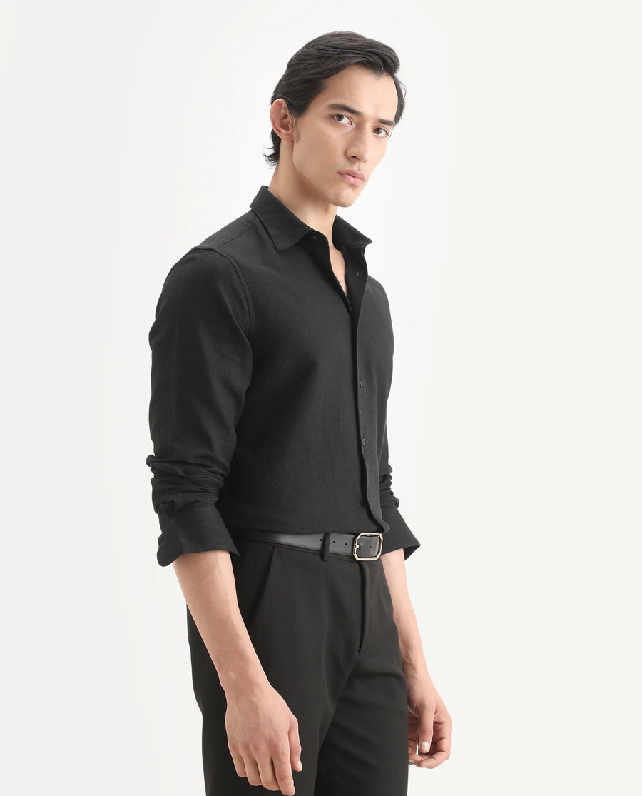 Rare Rabbit Men's Leven Black Cotton Fabric Spread Collar Regular Fit Plain Shirt