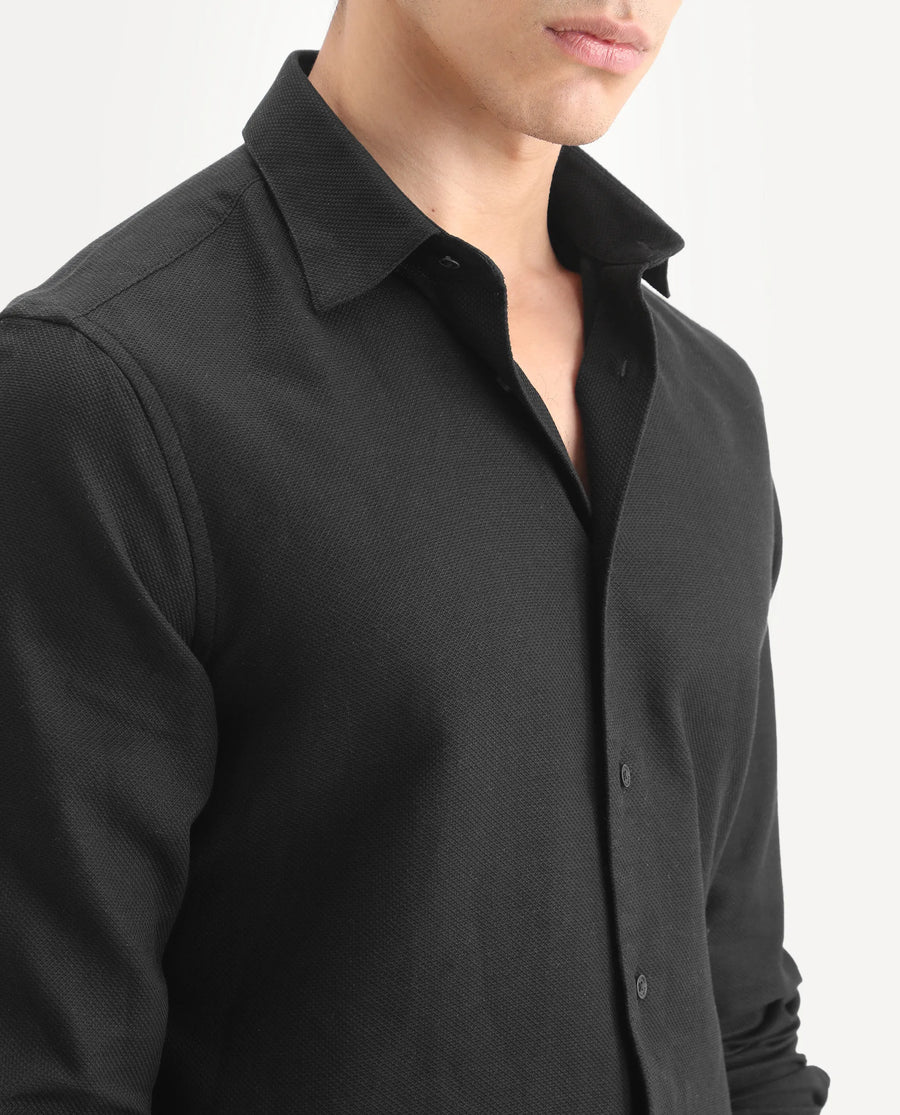 Rare Rabbit Men's Leven Black Cotton Fabric Spread Collar Regular Fit Plain Shirt
