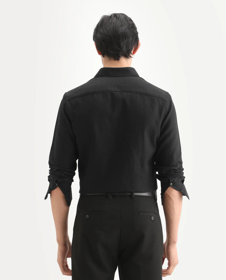 Rare Rabbit Men's Leven Black Cotton Fabric Spread Collar Regular Fit Plain Shirt