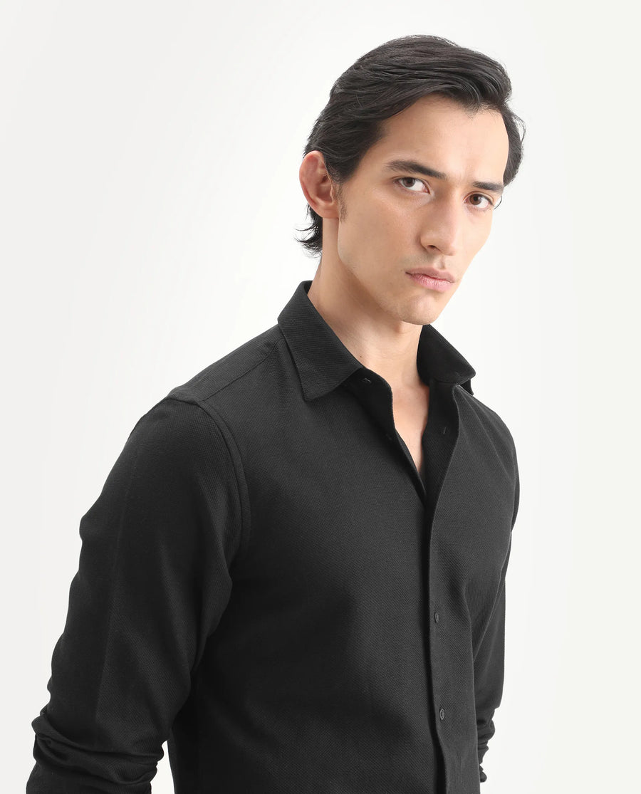 Rare Rabbit Men's Leven Black Cotton Fabric Spread Collar Regular Fit Plain Shirt