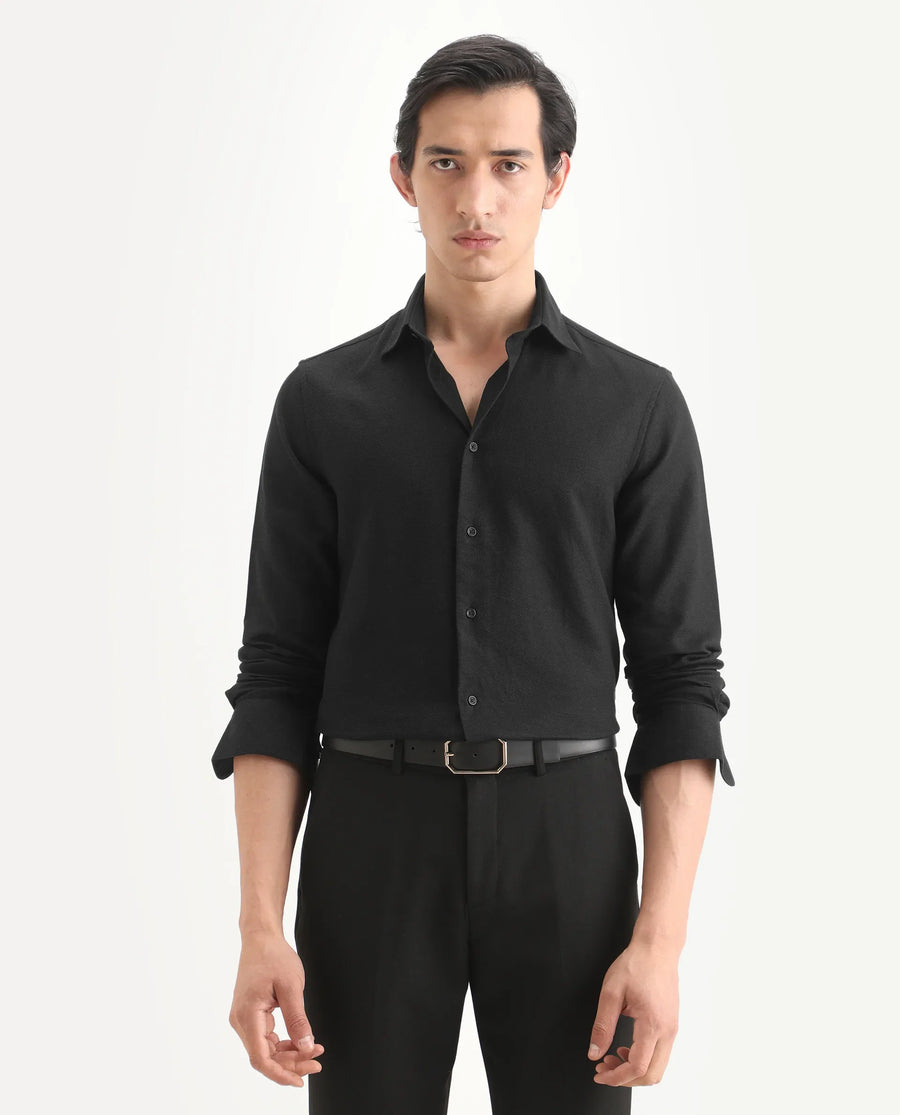 Rare Rabbit Men's Leven Black Cotton Fabric Spread Collar Regular Fit Plain Shirt