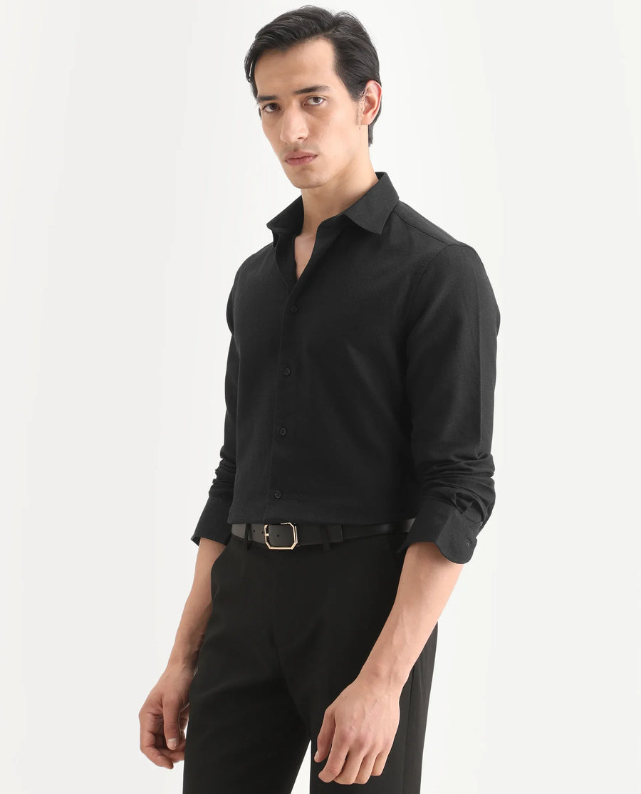 Rare Rabbit Men's Leven Black Cotton Fabric Spread Collar Regular Fit Plain Shirt