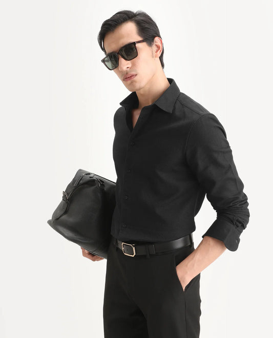 Rare Rabbit Men's Leven Black Cotton Fabric Spread Collar Regular Fit Plain Shirt