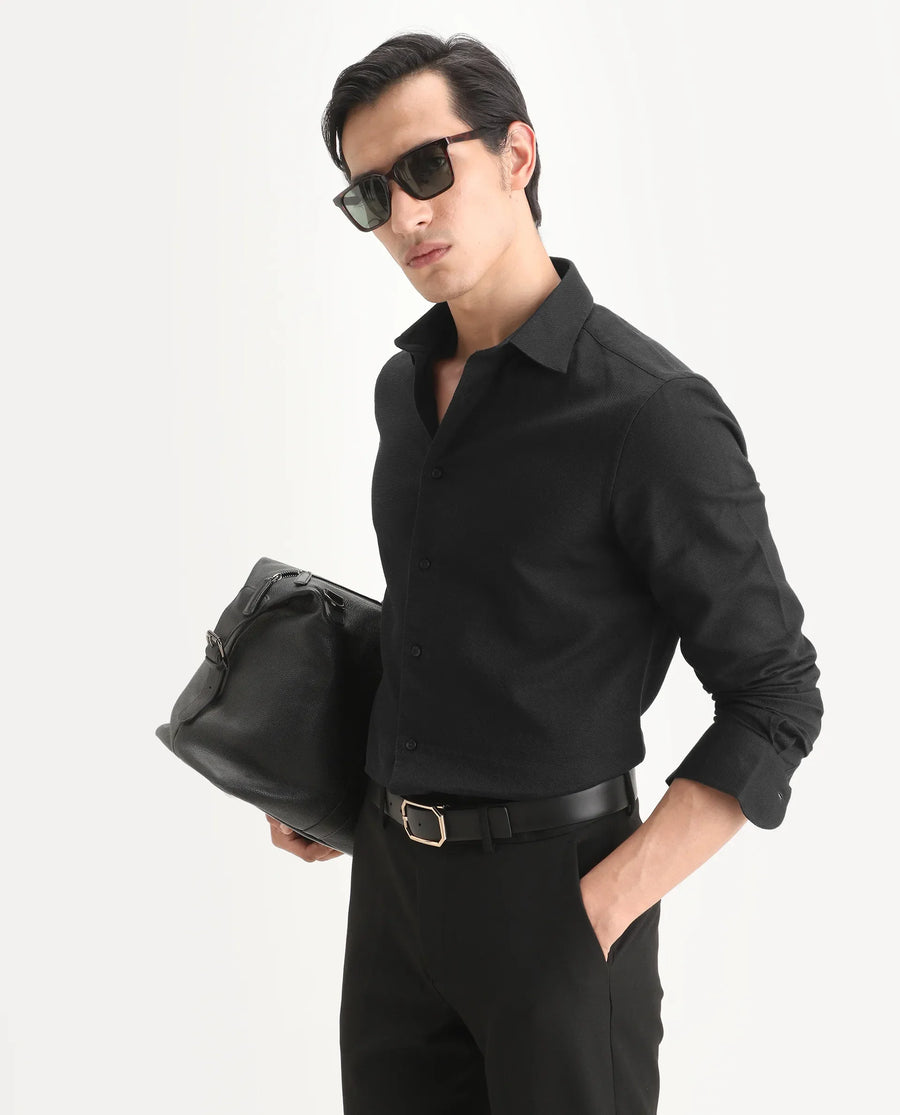 Rare Rabbit Men's Leven Black Cotton Fabric Spread Collar Regular Fit Plain Shirt