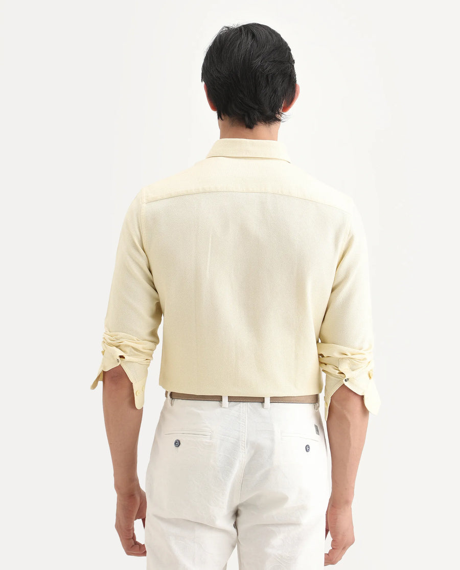 Rare Rabbit Men's Leven Light Yellow Cotton Fabric Spread Collar Regular Fit Plain Shirt