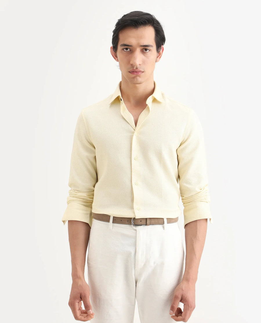 Rare Rabbit Men's Leven Light Yellow Cotton Fabric Spread Collar Regular Fit Plain Shirt