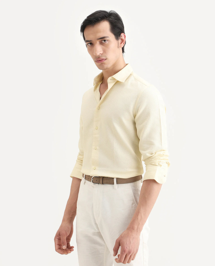 Rare Rabbit Men's Leven Light Yellow Cotton Fabric Spread Collar Regular Fit Plain Shirt
