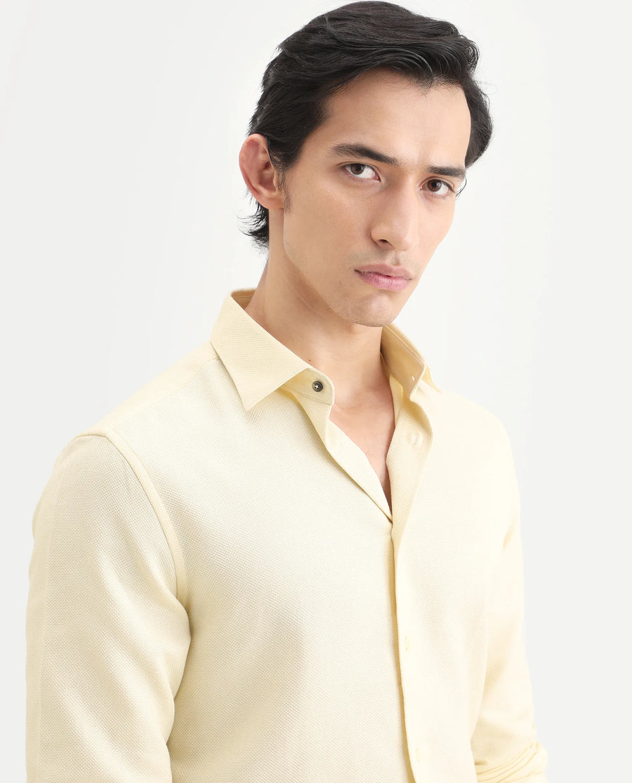 Rare Rabbit Men's Leven Light Yellow Cotton Fabric Spread Collar Regular Fit Plain Shirt