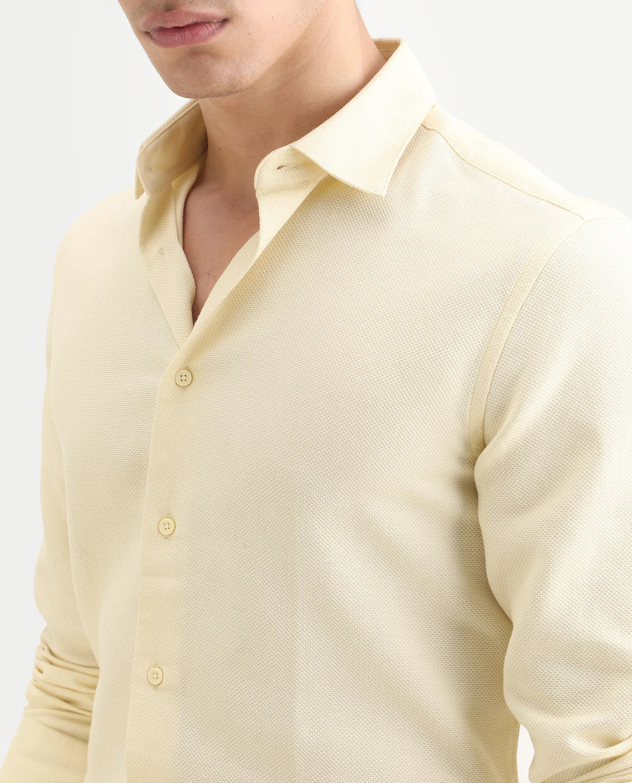 Rare Rabbit Men's Leven Light Yellow Cotton Fabric Spread Collar Regular Fit Plain Shirt