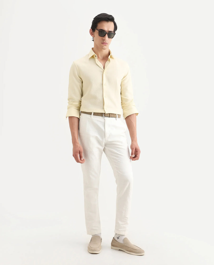 Rare Rabbit Men's Leven Light Yellow Cotton Fabric Spread Collar Regular Fit Plain Shirt