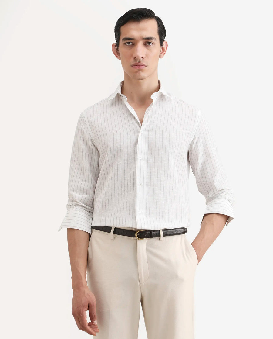 Rare Rabbit Men's Conwy Off White Polyester Blend Fabric Spread Collar Regular Fit Striped Shirt