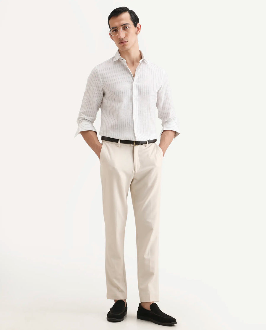 Rare Rabbit Men's Conwy Off White Polyester Blend Fabric Spread Collar Regular Fit Striped Shirt