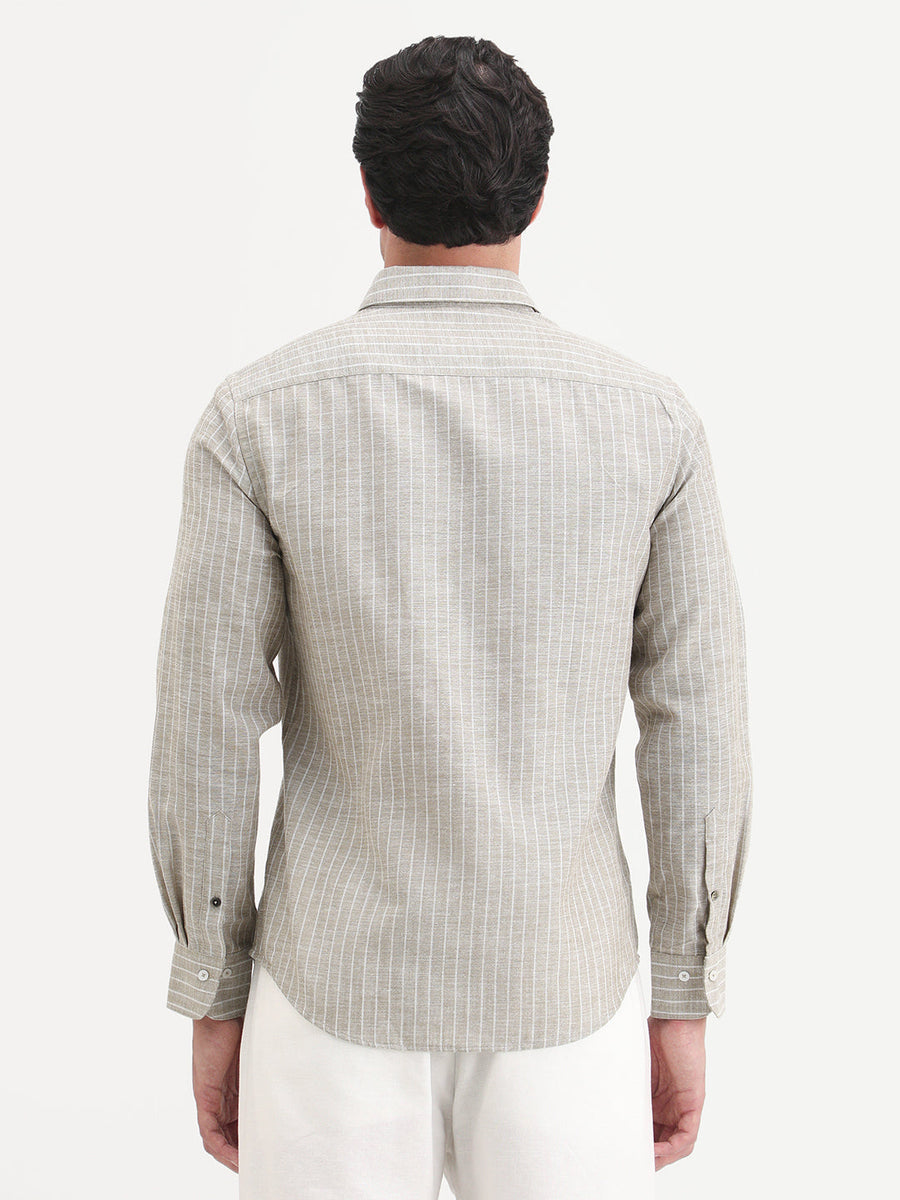Rare Rabbit Men's Conwy Khaki Polyester Blend Fabric Spread Collar Regular Fit Striped Shirt