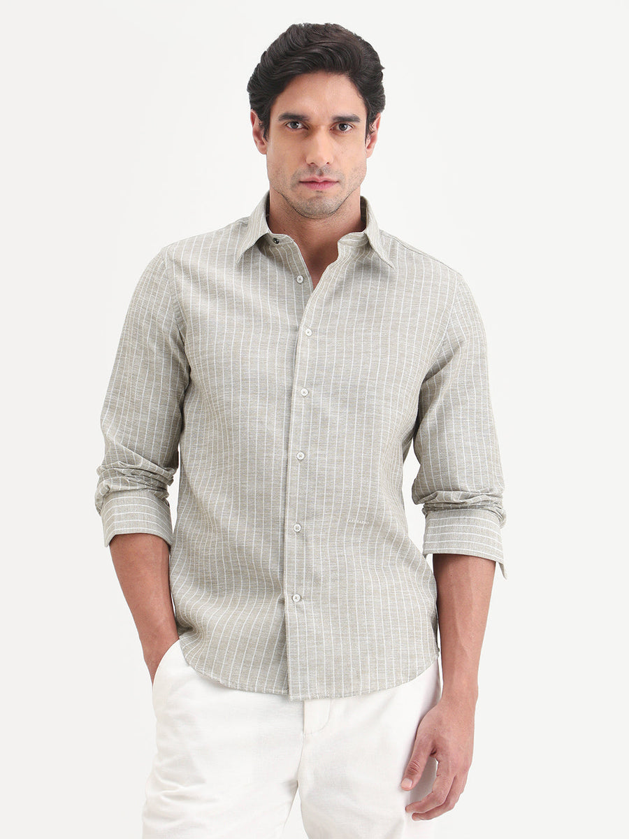 Rare Rabbit Men's Conwy Khaki Polyester Blend Fabric Spread Collar Regular Fit Striped Shirt