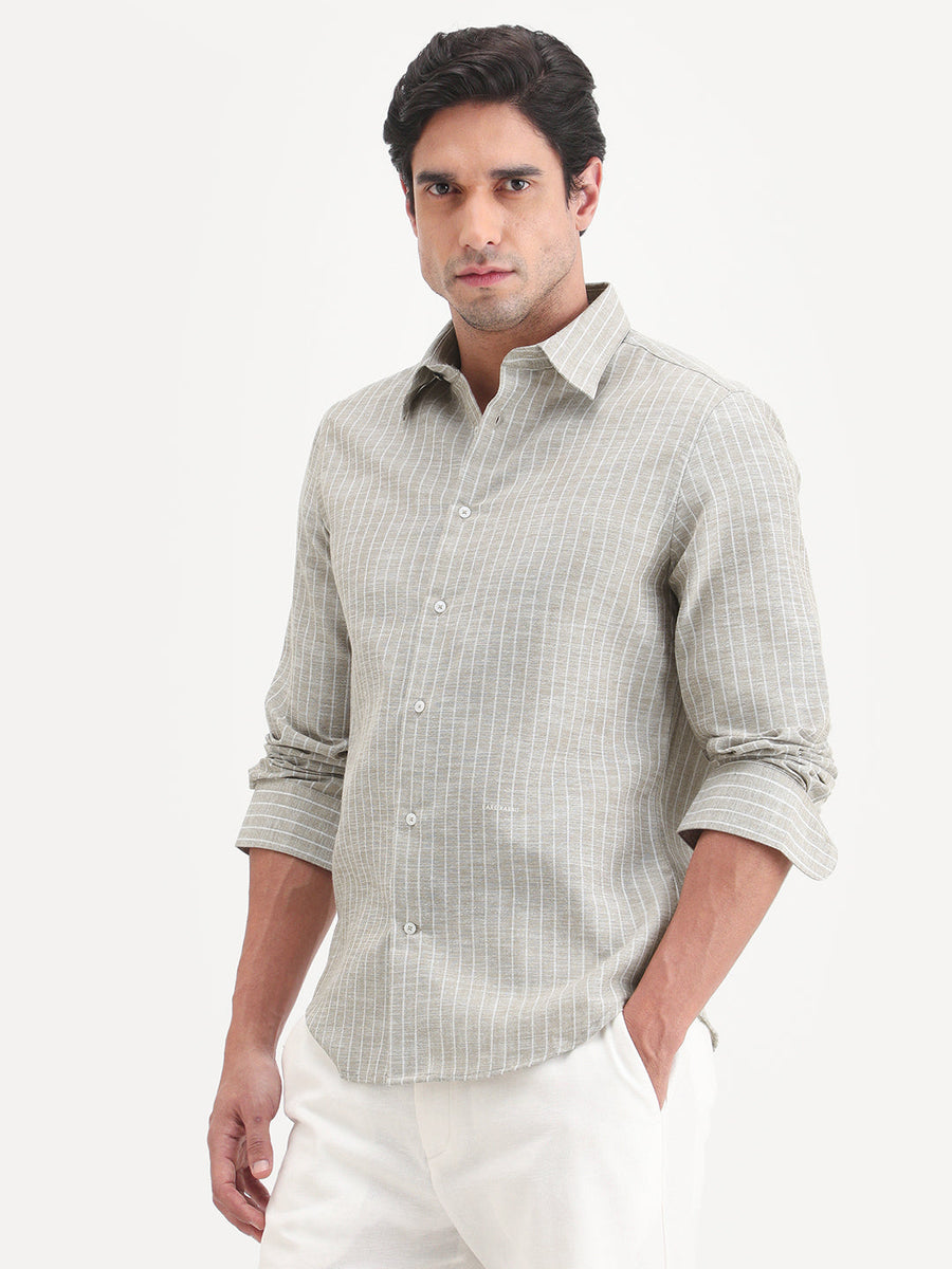 Rare Rabbit Men's Conwy Khaki Polyester Blend Fabric Spread Collar Regular Fit Striped Shirt