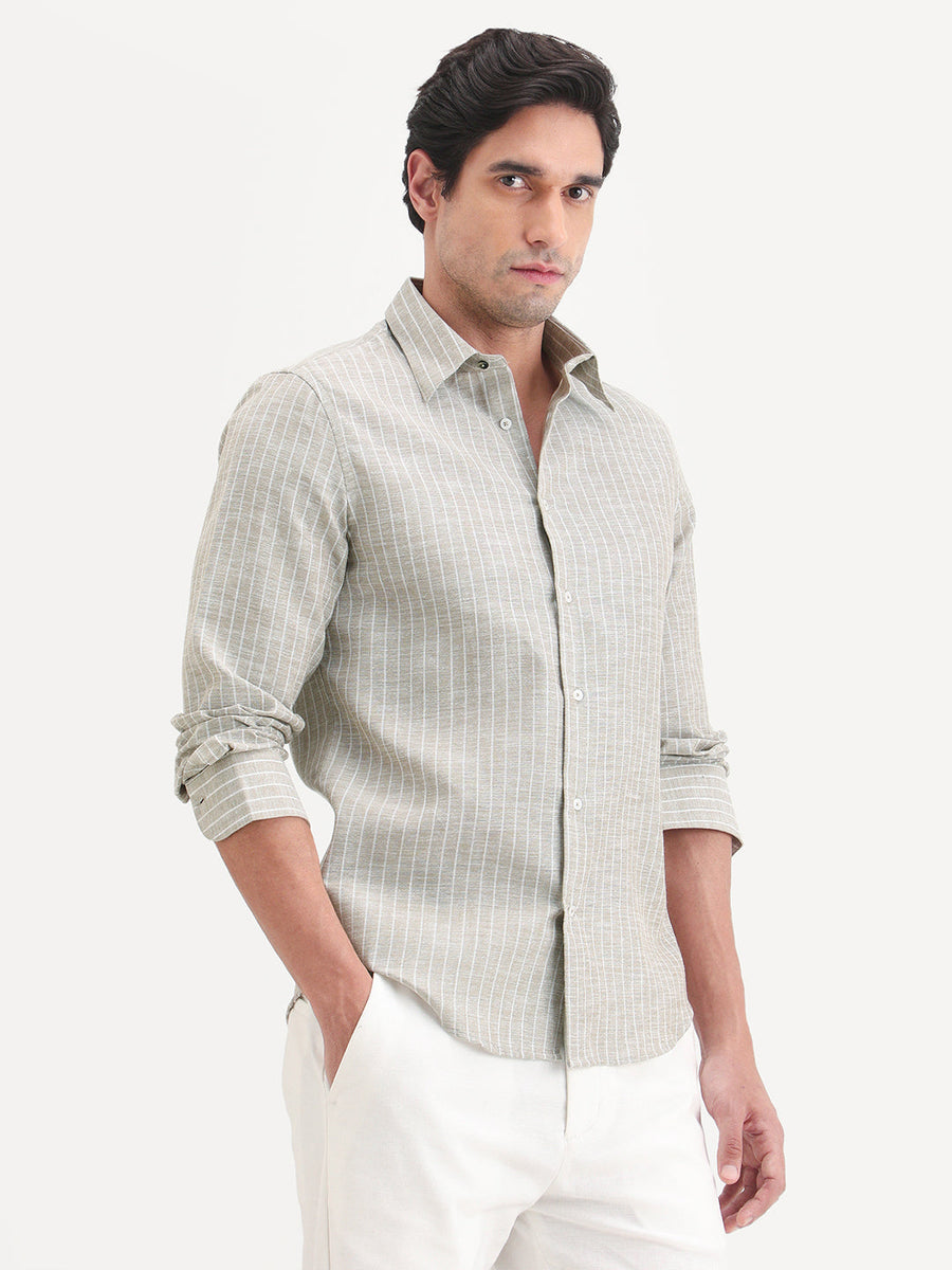 Rare Rabbit Men's Conwy Khaki Polyester Blend Fabric Spread Collar Regular Fit Striped Shirt