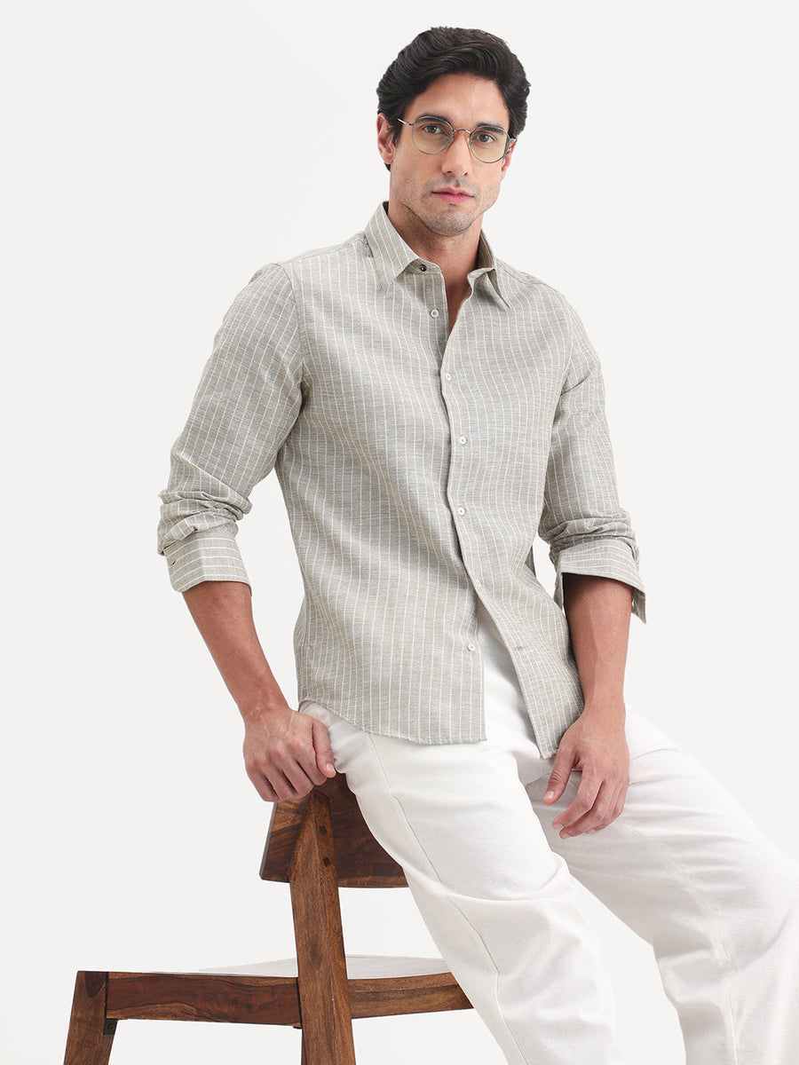 Rare Rabbit Men's Conwy Khaki Polyester Blend Fabric Spread Collar Regular Fit Striped Shirt
