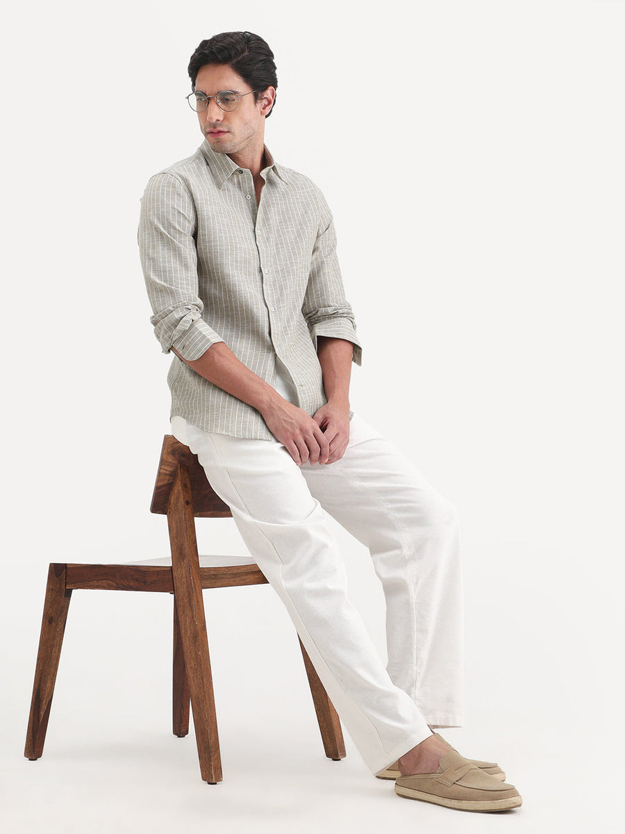 Rare Rabbit Men's Conwy Khaki Polyester Blend Fabric Spread Collar Regular Fit Striped Shirt