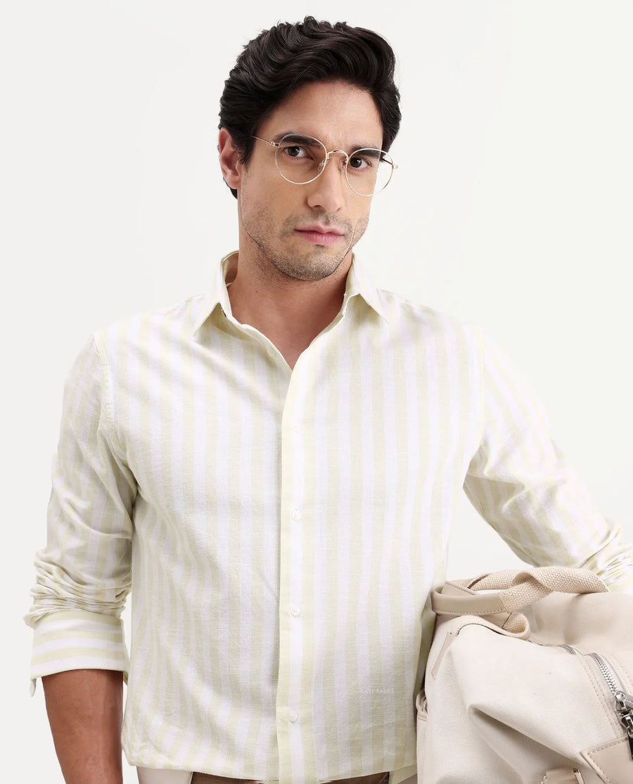 Rare Rabbit Men's Denny Beige Cotton Fabric Spread Collar Regular Fit Striped Shirt
