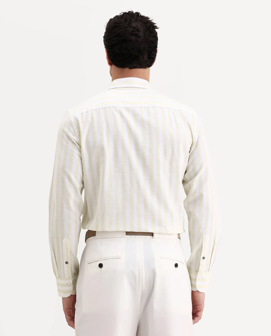 Rare Rabbit Men's Denny Beige Cotton Fabric Spread Collar Regular Fit Striped Shirt