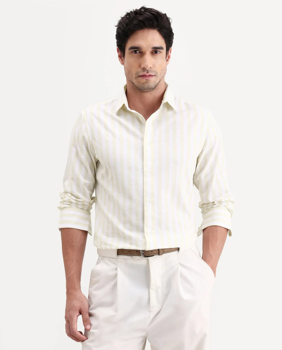 Rare Rabbit Men's Denny Beige Cotton Fabric Spread Collar Regular Fit Striped Shirt