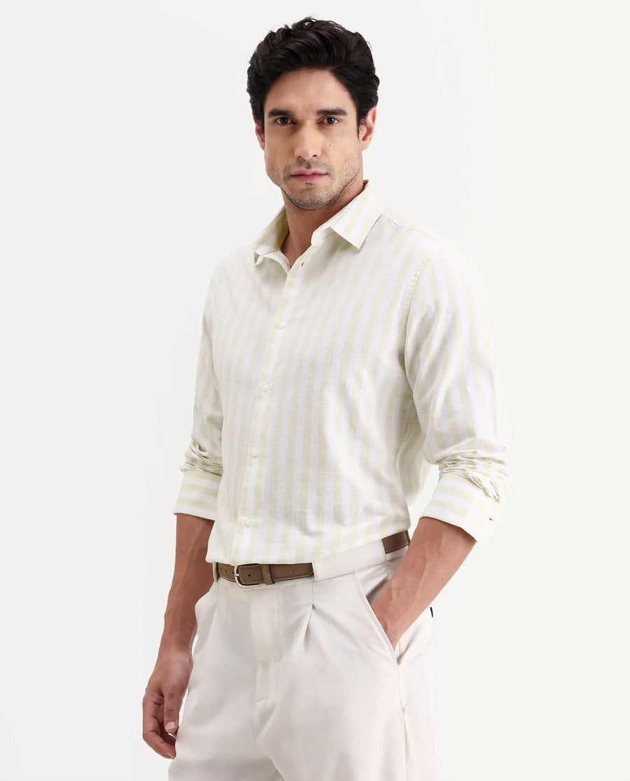 Rare Rabbit Men's Denny Beige Cotton Fabric Spread Collar Regular Fit Striped Shirt