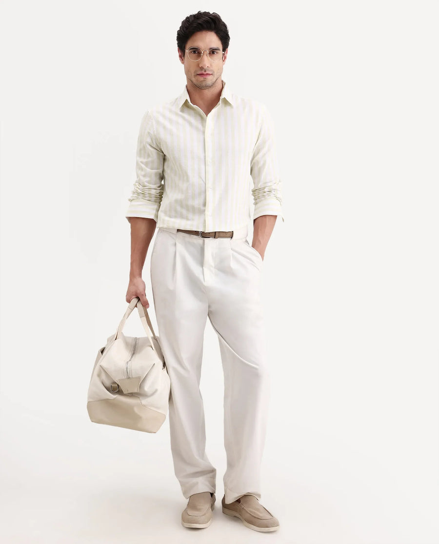 Rare Rabbit Men's Denny Beige Cotton Fabric Spread Collar Regular Fit Striped Shirt