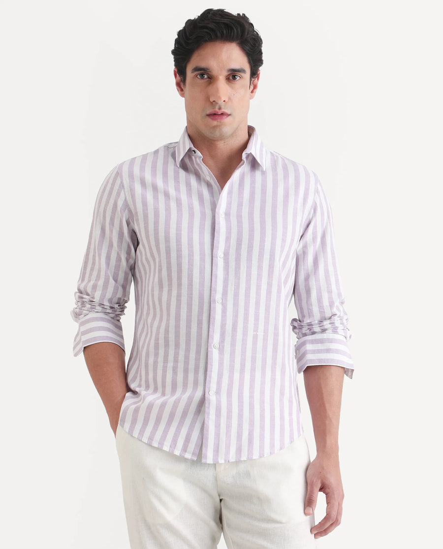 Rare Rabbit Men's Denny Purple Cotton Fabric Spread Collar Regular Fit Striped Shirt