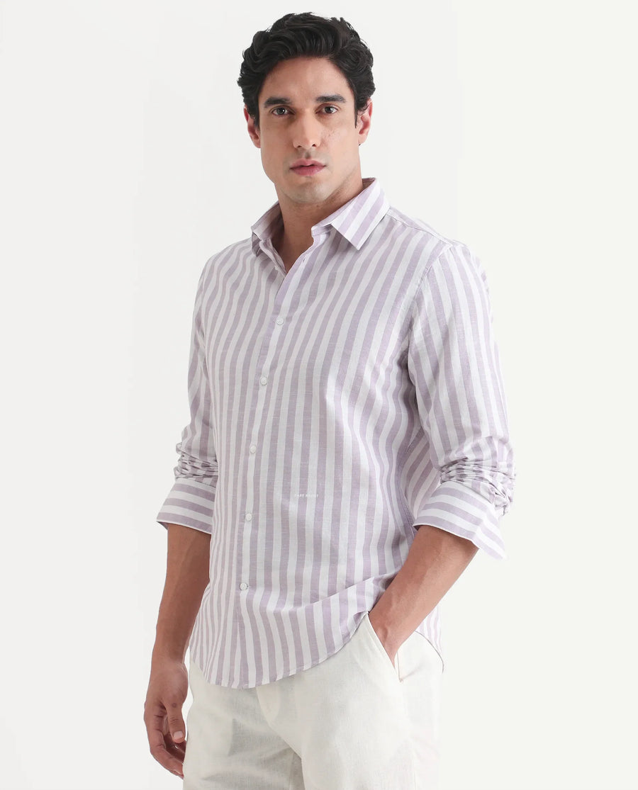 Rare Rabbit Men's Denny Purple Cotton Fabric Spread Collar Regular Fit Striped Shirt
