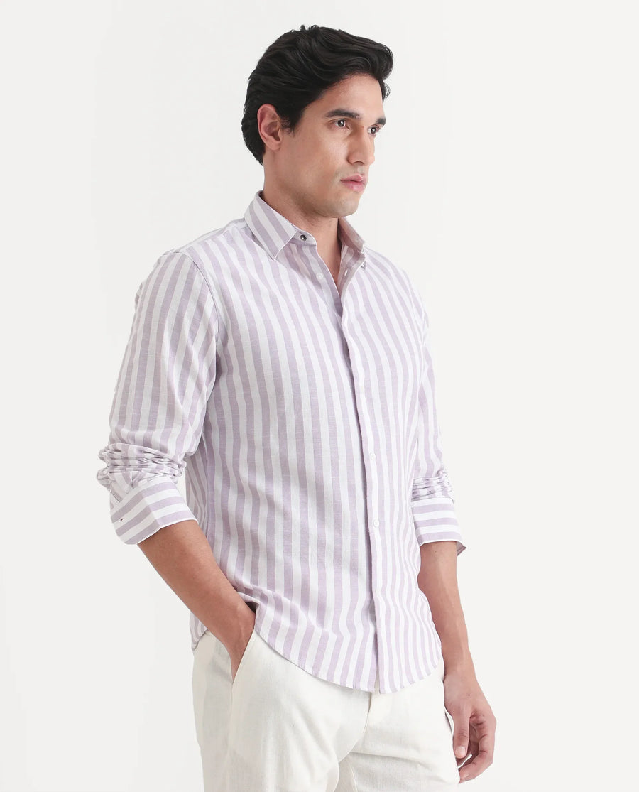Rare Rabbit Men's Denny Purple Cotton Fabric Spread Collar Regular Fit Striped Shirt