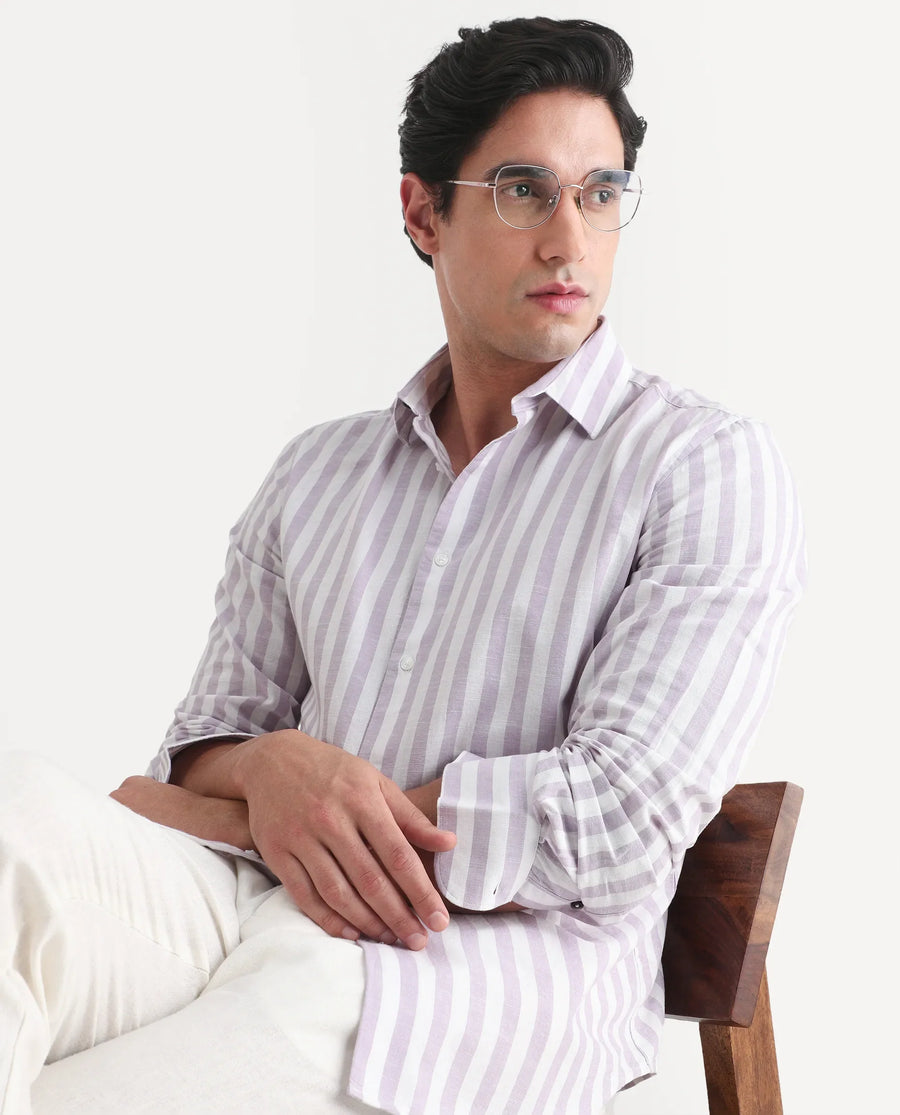 Rare Rabbit Men's Denny Purple Cotton Fabric Spread Collar Regular Fit Striped Shirt
