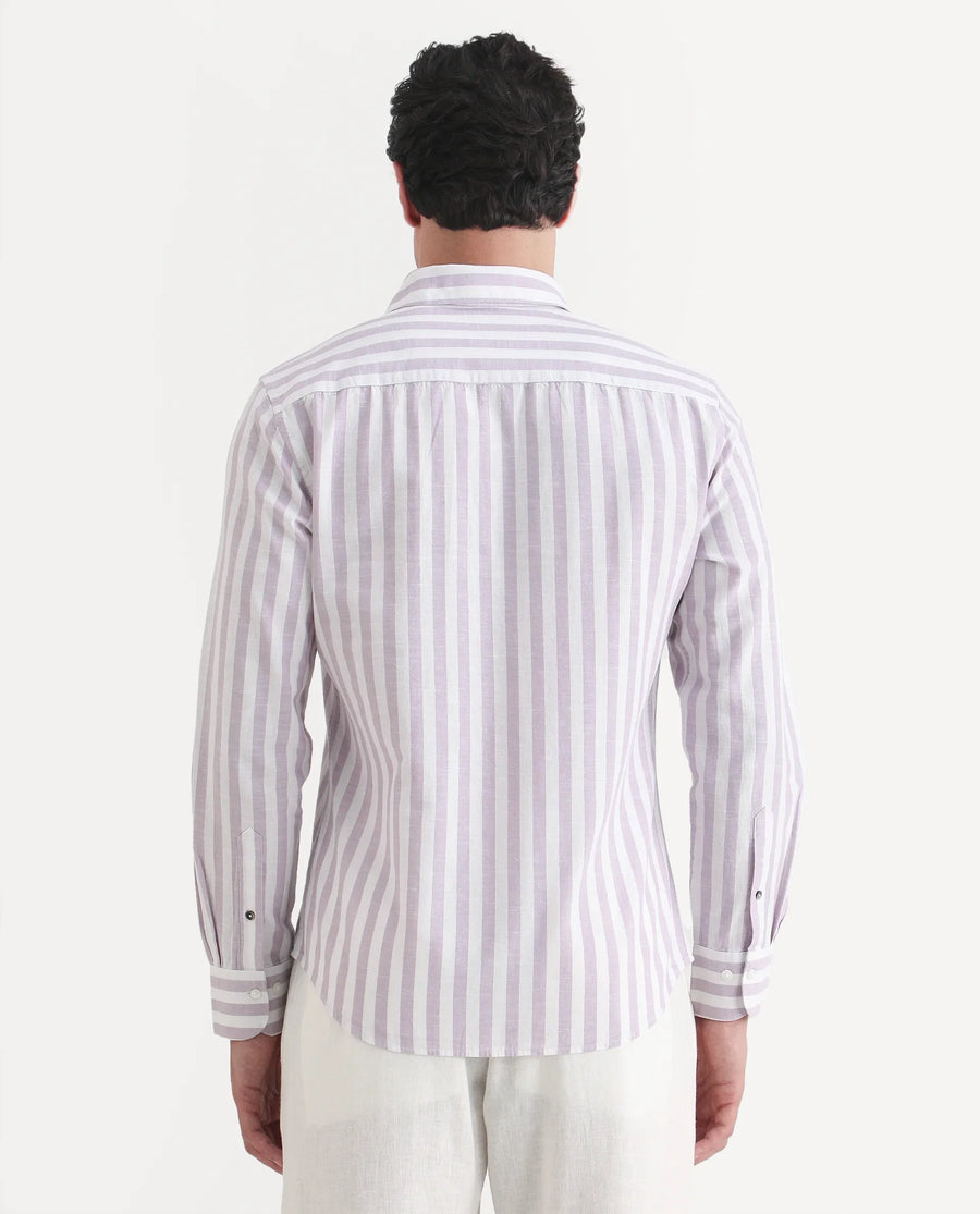 Rare Rabbit Men's Denny Purple Cotton Fabric Spread Collar Regular Fit Striped Shirt