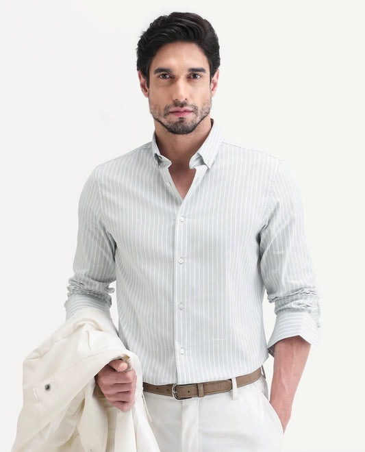 Rare Rabbit Men's Amble Light Grey Cotton Blend Fabric Spread Collar Regular Fit Striped Shirt