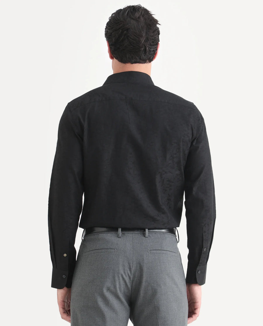 Rare Rabbit Men's Bedale Black Cotton Fabric Spread Collar Regular Fit Jacquard Shirt