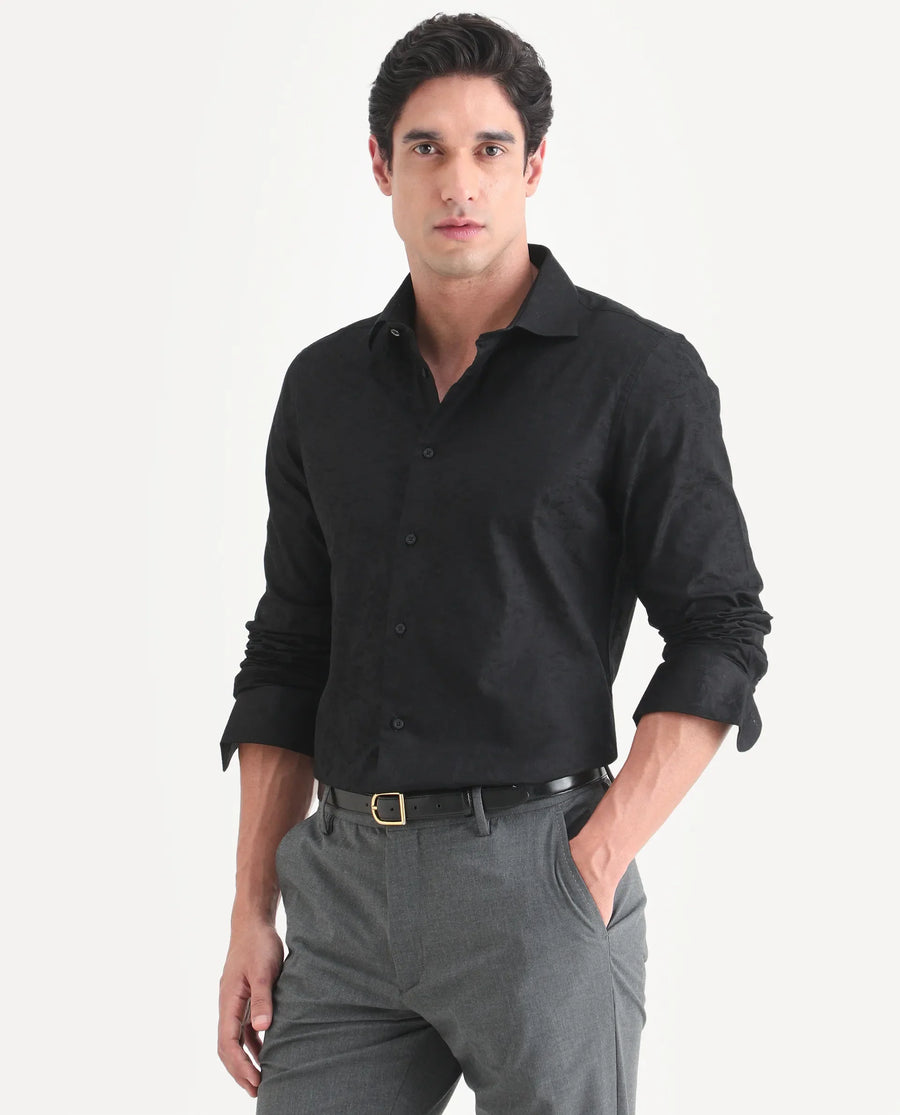 Rare Rabbit Men's Bedale Black Cotton Fabric Spread Collar Regular Fit Jacquard Shirt