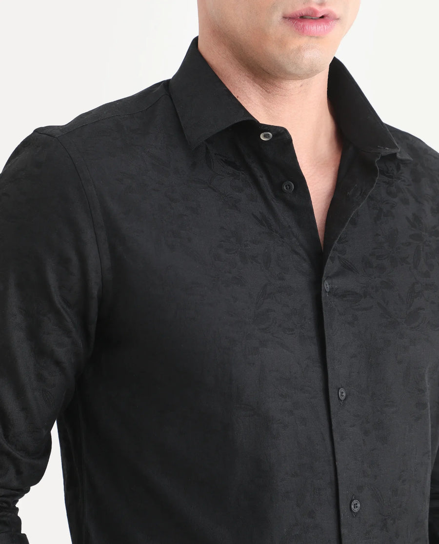 Rare Rabbit Men's Bedale Black Cotton Fabric Spread Collar Regular Fit Jacquard Shirt