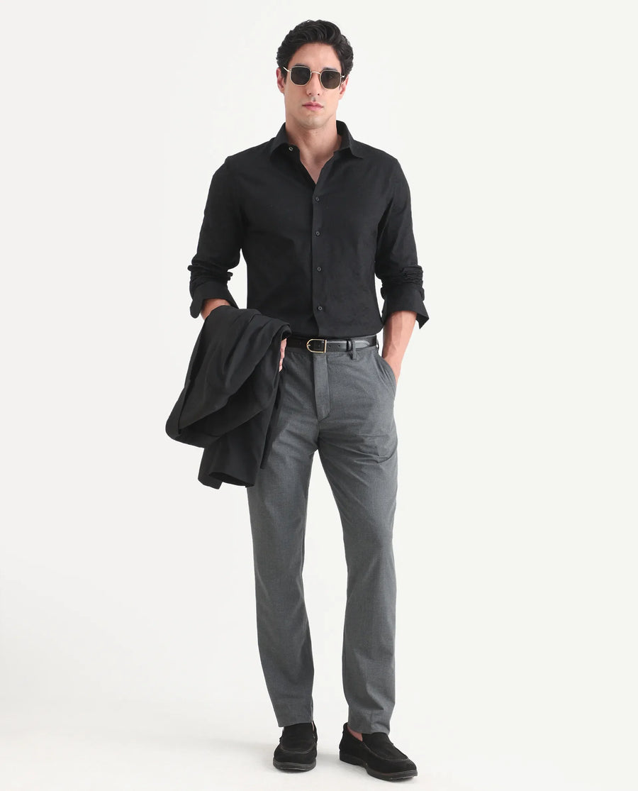 Rare Rabbit Men's Bedale Black Cotton Fabric Spread Collar Regular Fit Jacquard Shirt