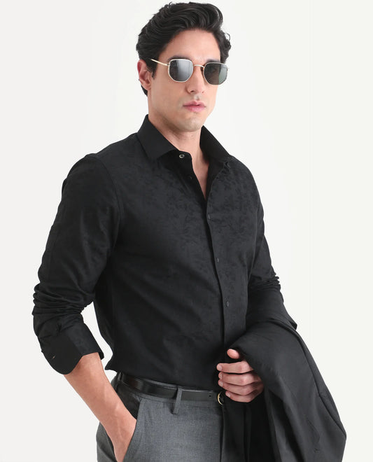 Rare Rabbit Men's Bedale Black Cotton Fabric Spread Collar Regular Fit Jacquard Shirt