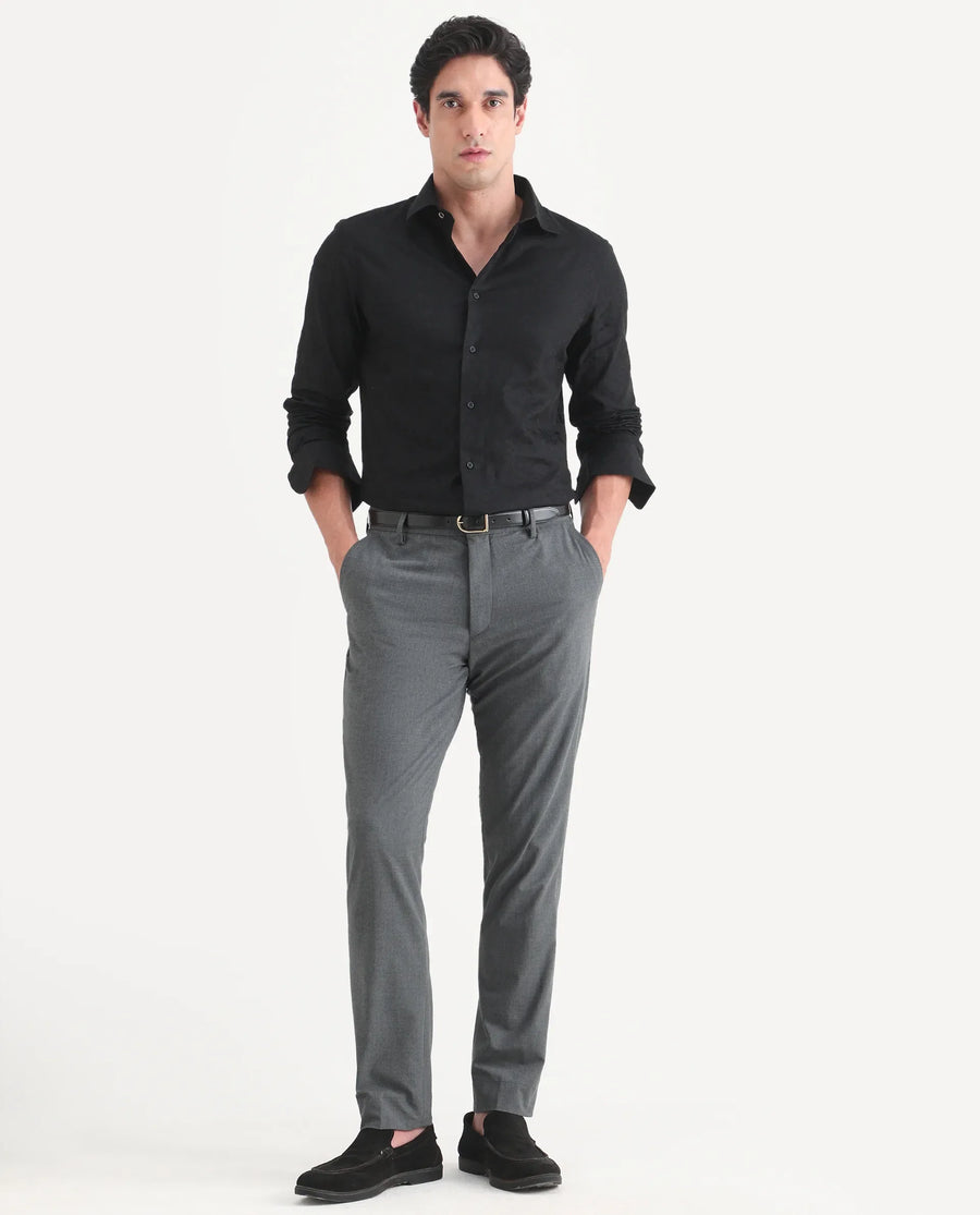 Rare Rabbit Men's Bedale Black Cotton Fabric Spread Collar Regular Fit Jacquard Shirt