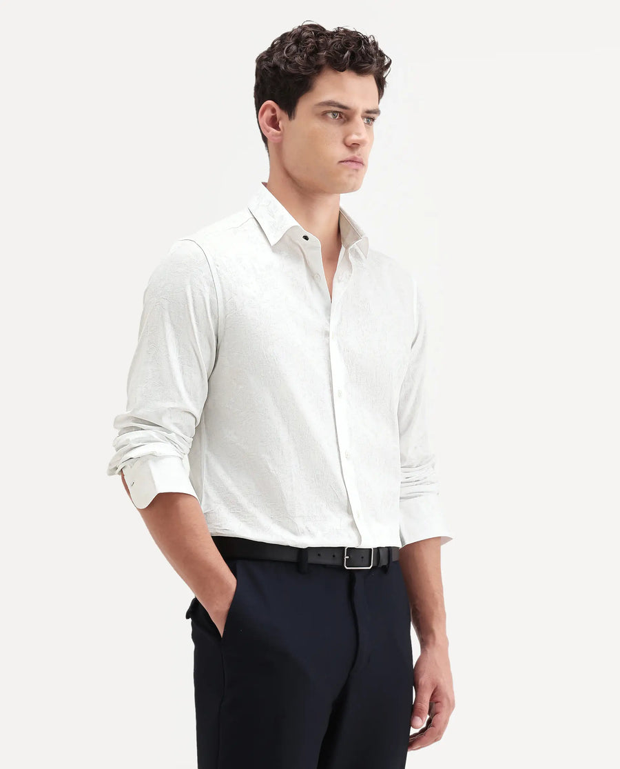 Rare Rabbit Men's Bedale White Cotton Fabric Spread Collar Regular Fit Jacquard Shirt