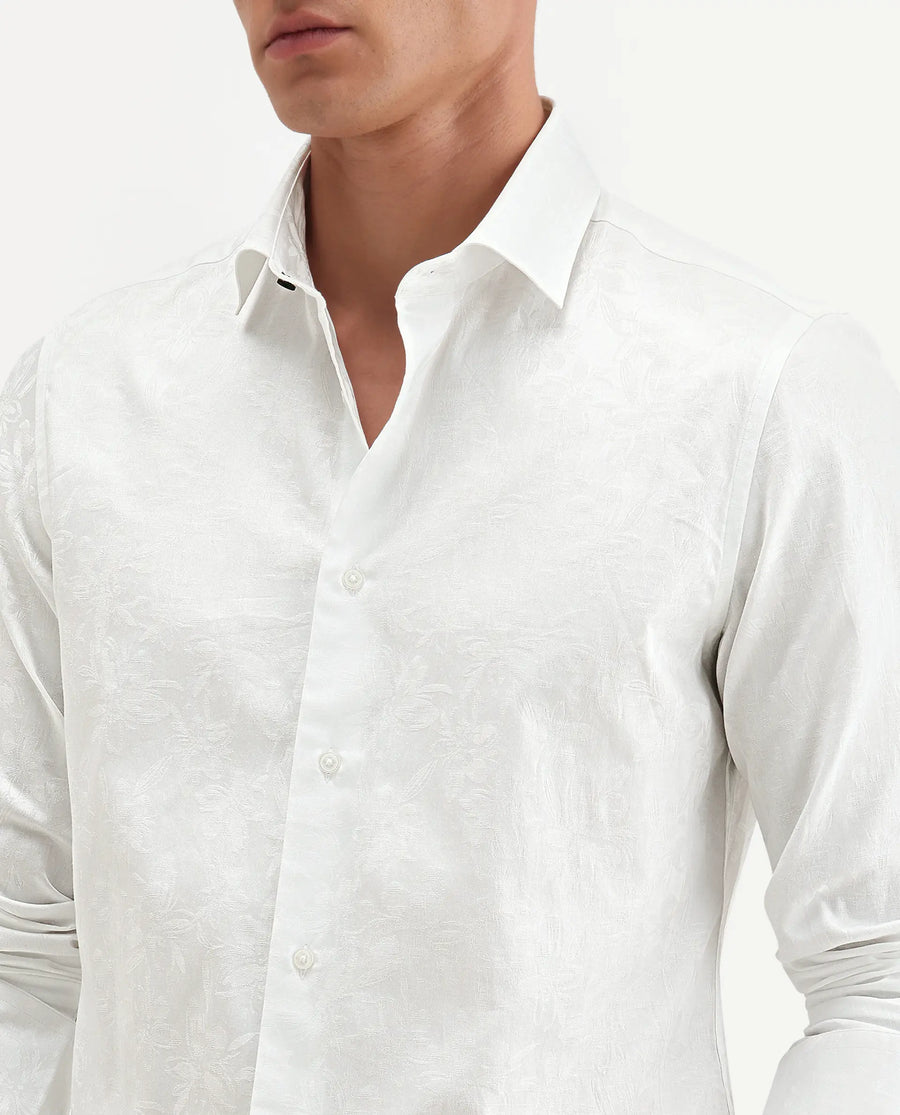 Rare Rabbit Men's Bedale White Cotton Fabric Spread Collar Regular Fit Jacquard Shirt